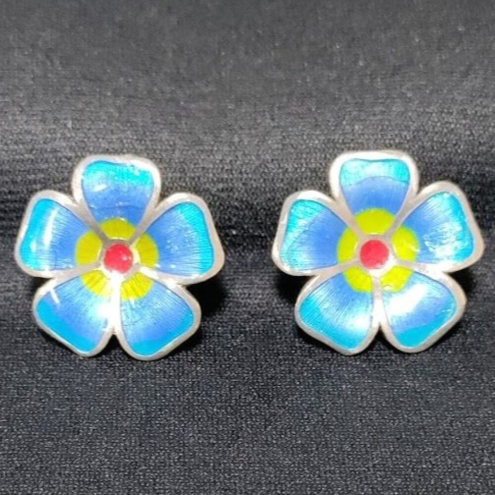 Vintage Maya 925 Silver Hand Painted Flower Stud Earrings